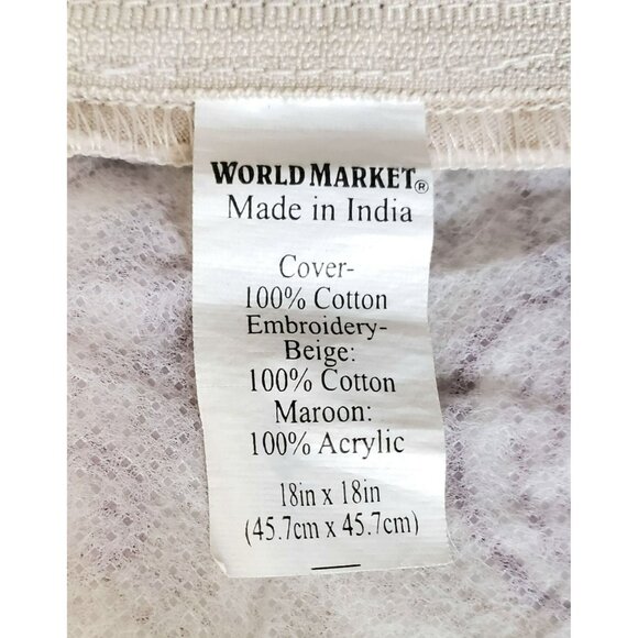 World Market Pillow Cover Boho Floral Maroon Tan 18" Square Crochet Embroidered - Picture 6 of 9